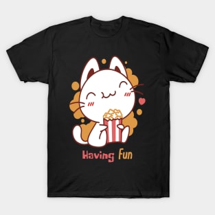 Cute Kawaii Cat Having Fun & Eats Popcorn T-Shirt